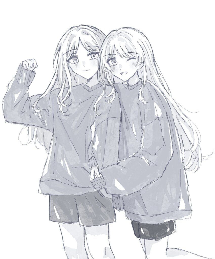 2girls, bang_dream!, bang_dream!_it's_mygo!!!!!, blush, chihaya_anon, closed_mouth, cloud, commentary_request, grabbing_another's_arm, hand_in_pocket, hand_up, highres, long_hair, long_sleeves, multiple_girls, nagasaki_soyo, one_eye_closed, open_mouth, riri_teng, shorts, sidelocks, simple_background, sweater, white_background