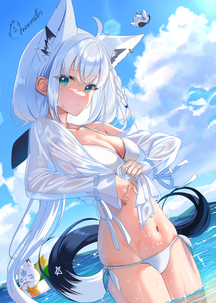 1girl, ahoge, animal_ear_fluff, animal_ears, aqua_eyes, bikini, black_ribbon, blue_sky