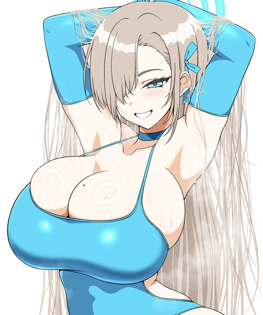 1girl, armpits, arms_up, asuna_(blue_archive), blonde_hair, blue_archive, blue_choker, blue_eyes