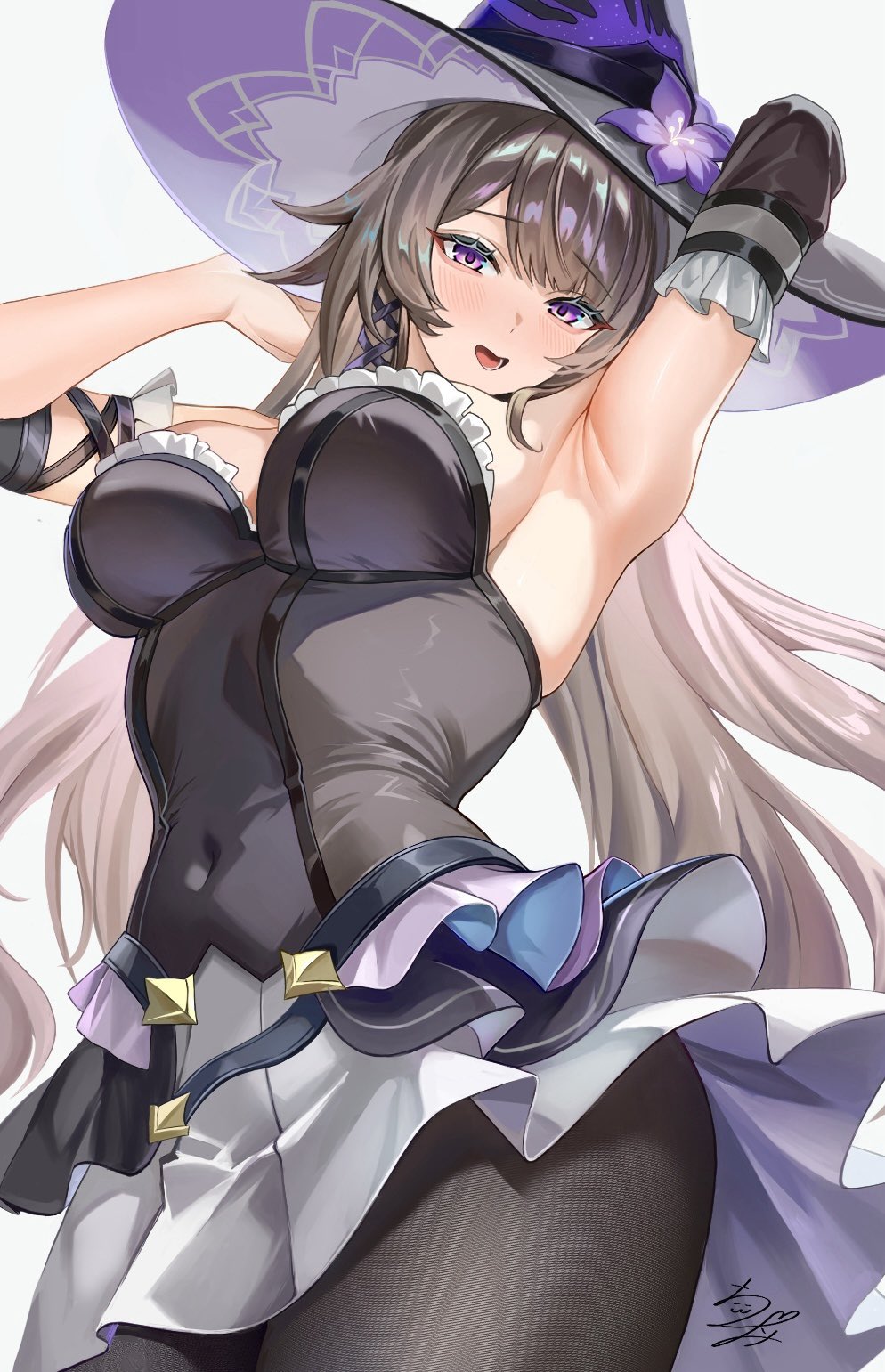 1girl, arm_up, armpits, black_dress, black_hat, black_pantyhose, black_sleeves, blush, breasts, chinami_(chinamin_02), covered_navel, cowboy_shot, detached_sleeves, dress, from_below, grey_hair, hands_up, hat, herta_(honkai:_star_rail), highres, honkai:_star_rail, honkai_(series), long_hair, looking_at_viewer, looking_down, medium_breasts, open_mouth, pantyhose, purple_eyes, signature, simple_background, skirt, solo, strapless, strapless_dress, the_herta_(honkai:_star_rail), white_background, white_skirt, witch_hat