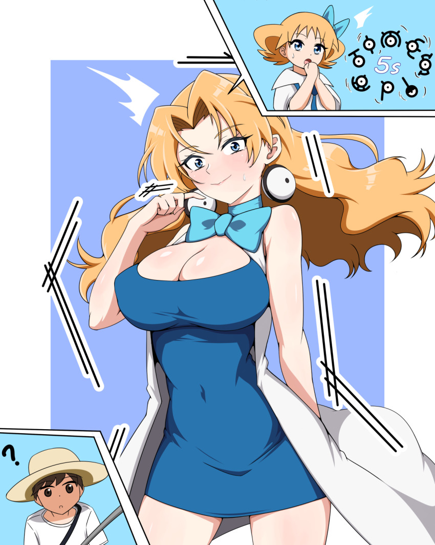 1boy, 1girl, ?, ^^^, blonde_hair, blue_dress, bow, bowtie