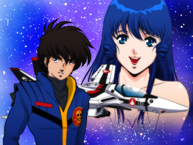 1980s_(style), 1boy, 1girl, ahoge, black_hair, brown_hair, choujikuu_yousai_macross, helmet