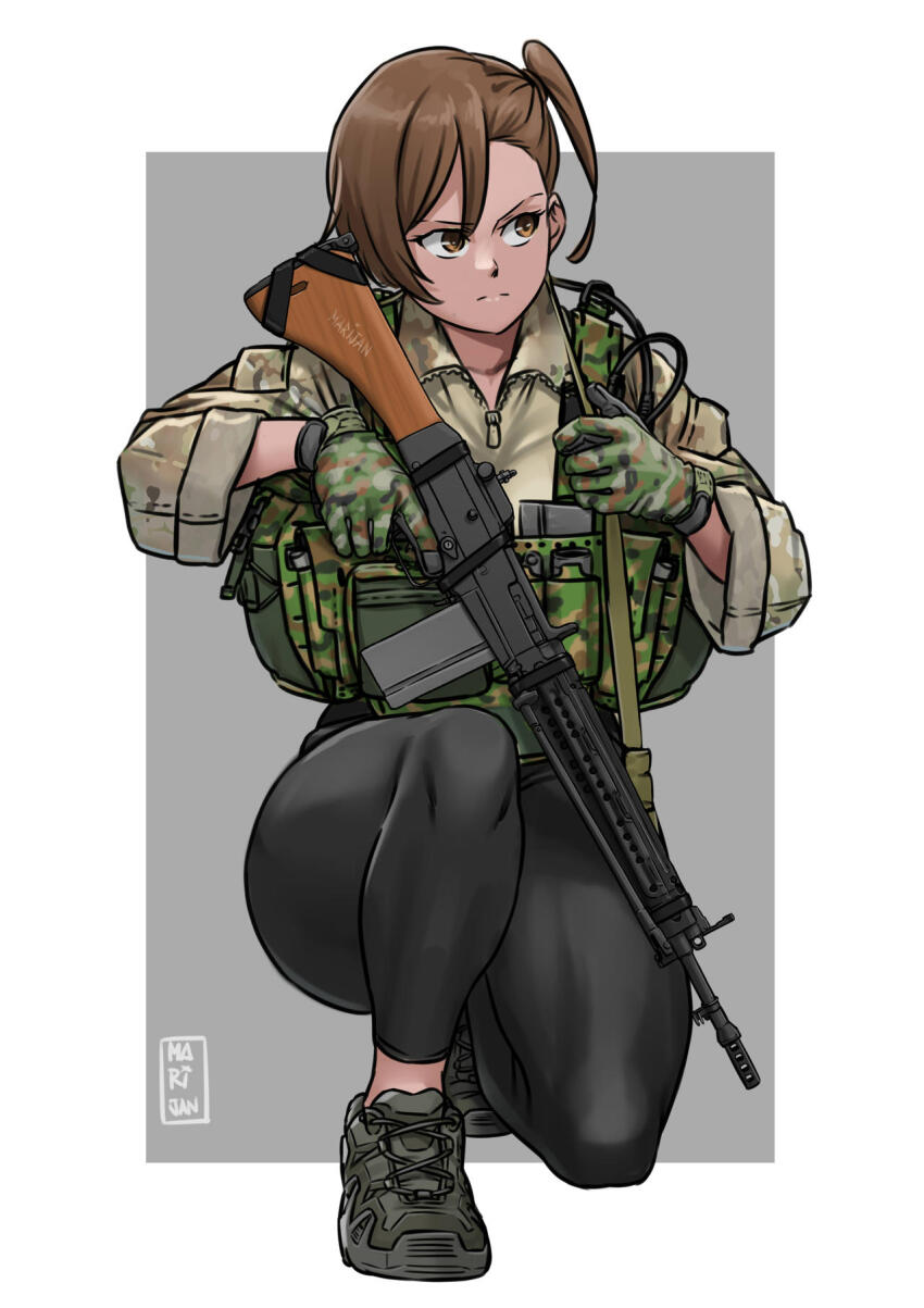 1girl, artist_logo, artist_name, battle_rifle, body_armor, boots, brown_eyes, brown_hair