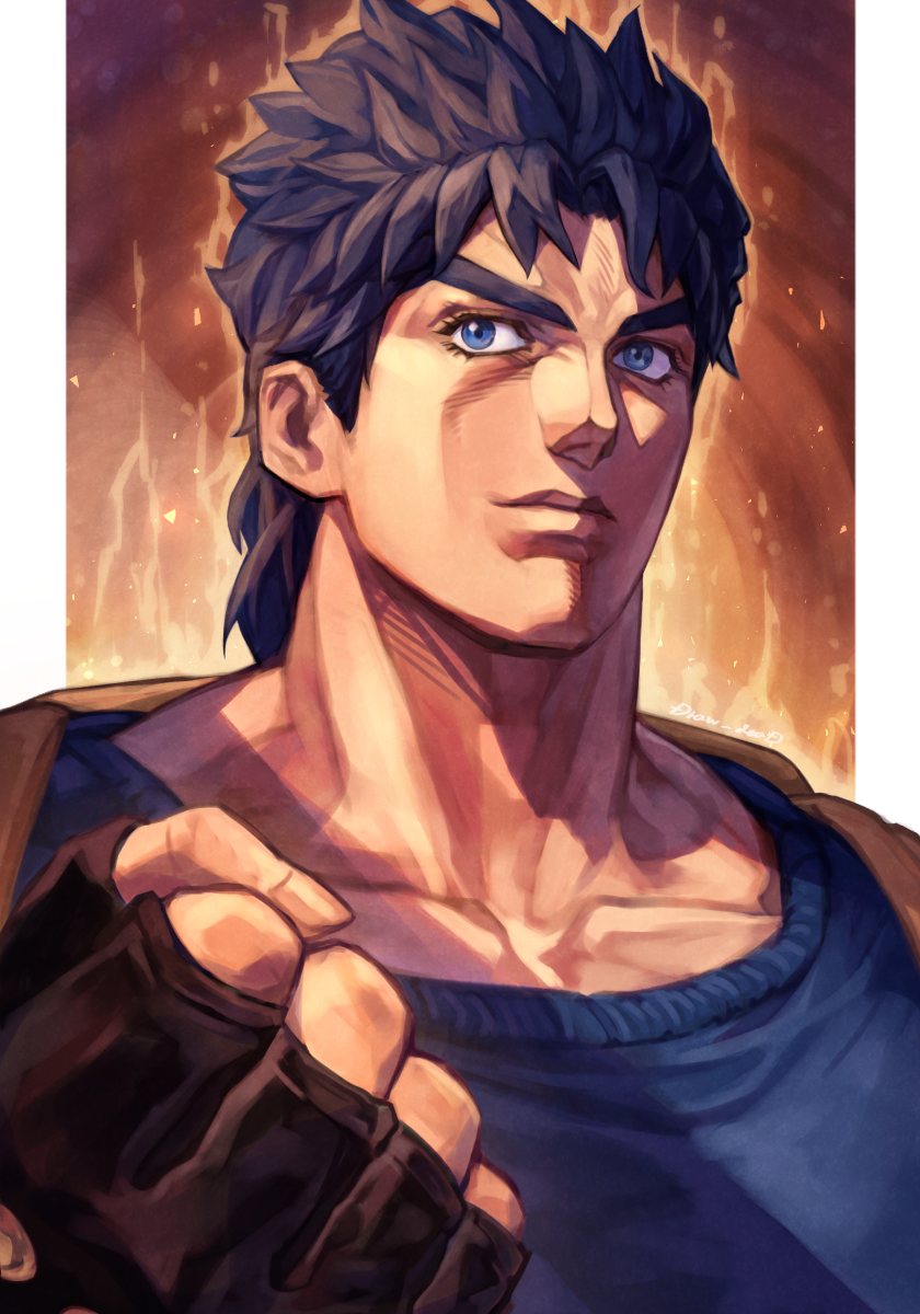 1boy, black_gloves, blue_eyes, blue_hair, blue_shirt, fingerless_gloves, gloves, highres