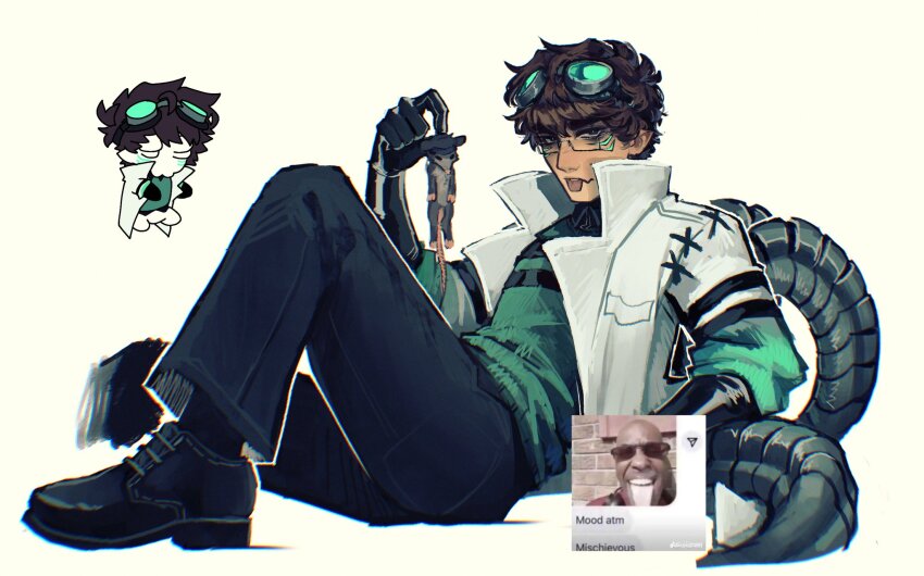 1boy, alternate_costume, animal, animalization, aqua_shirt, black_pants, black_shoes, brothers, coat, commentary, doied_(quackity_smp), english_commentary, glasses, goggles, goggles_on_head, highres, holding, holding_animal, lab_coat, looking_at_viewer, male_focus, meme, minecraft_youtube, mouse_(animal), open_clothes, open_coat, pants, quackity_smp, reclining, roier_(youtuber), sharkbiitezz, shirt, shoes, short_hair, siblings, simple_background, solo, twins, white_background, white_coat