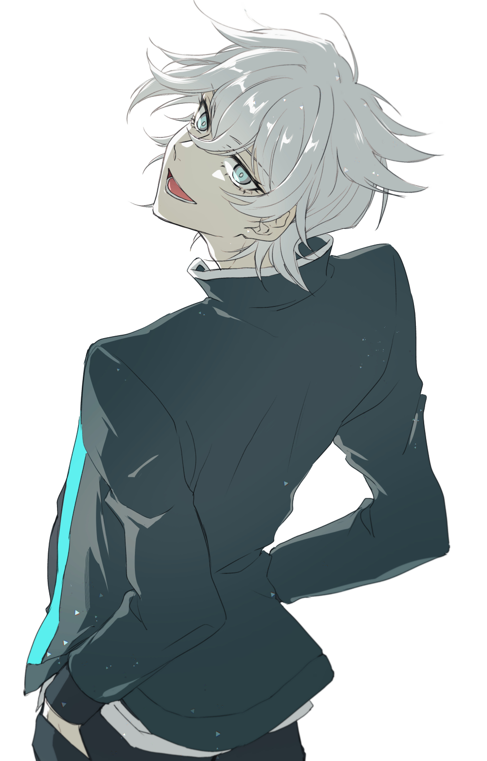 1boy, amelette8, black_jacket, black_pants, blue_eyes, bright_pupils, eyelashes, from_behind, hair_between_eyes, hand_in_pocket, highres, jacket, kamiya_shun, looking_back, male_focus, open_mouth, pants, short_hair, smile, solo, teeth, tribe_nine, white_background, white_hair, white_pupils