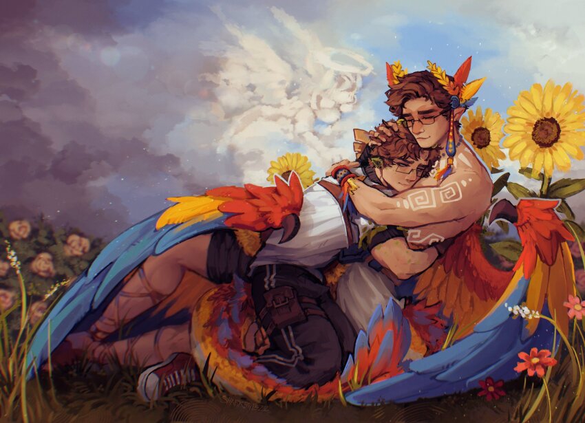 1girl, 2boys, alternate_costume, angel, black_pants, brown_hair, cloud, commentary