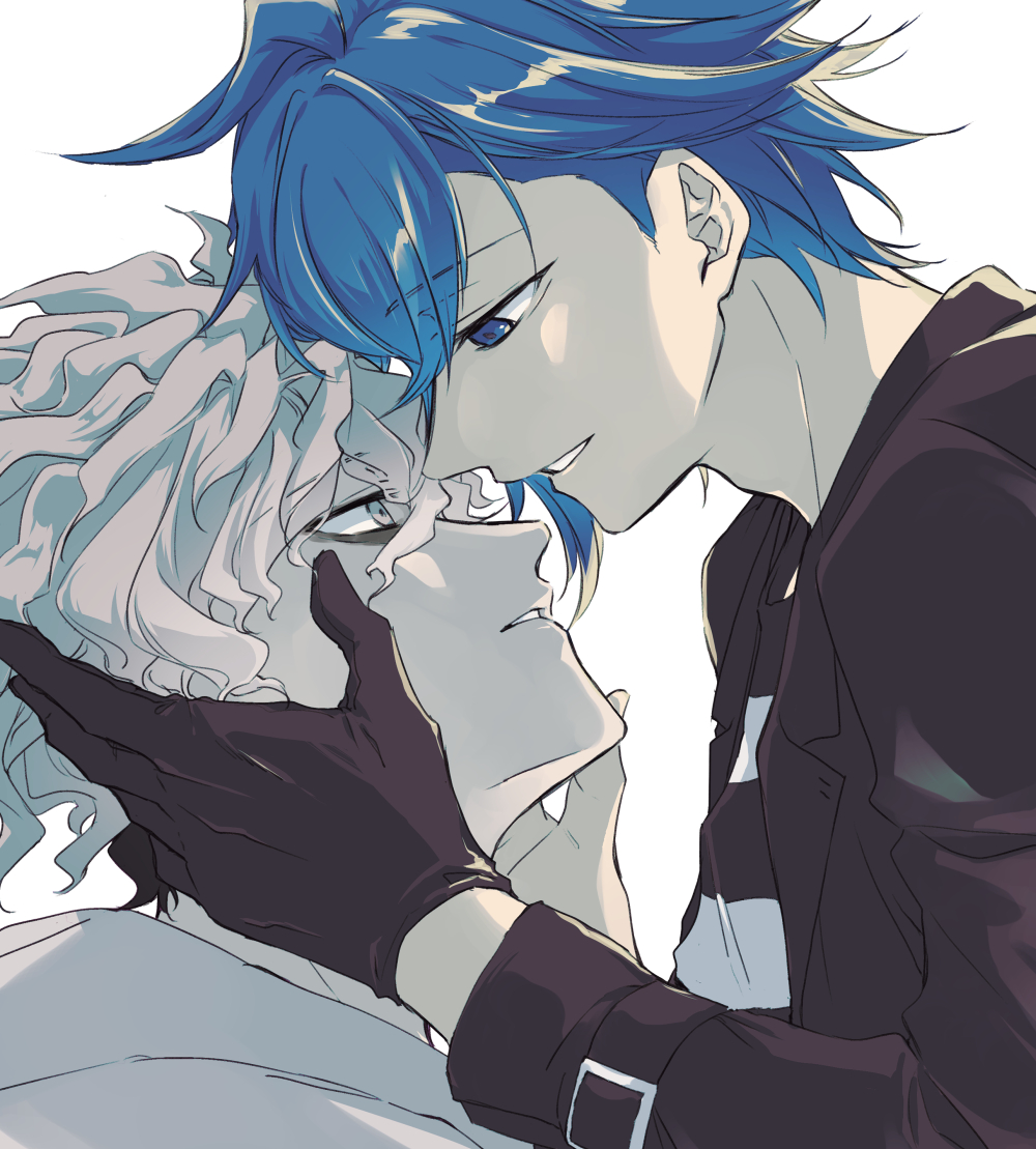 2boys, amelette8, aoyama_kazuki, bags_under_eyes, black_gloves, black_jacket, blue_eyes, blue_hair, eye_contact, gloves, grey_eyes, grey_hair, jacket, looking_at_another, male_focus, multiple_boys, otori_ojirou, parted_lips, q_(tribe_nine), shirt, short_hair, striped_clothes, striped_shirt, teeth, tribe_nine, white_background, yaoi