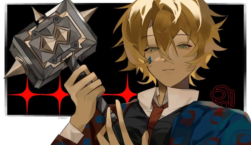 1boy, 2cherrychu, :3, among_us, animification, bags_under_eyes, blonde_hair, collared_shirt, commentary, crewmate_(among_us), english_commentary, facial_mark, green_eyes, hammer, highres, holding, holding_hammer, lifesteal_smp, male_focus, minecraft_youtube, necktie, red_necktie, rejoice_(youtuber), shirt, short_hair, simple_background, smile, solo, the_mace_(lifesteal_smp), upper_body, white_shirt