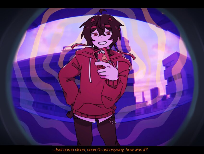 1boy, ahoge, animification, black_pants, chain, commentary, demon_horns, english_commentary