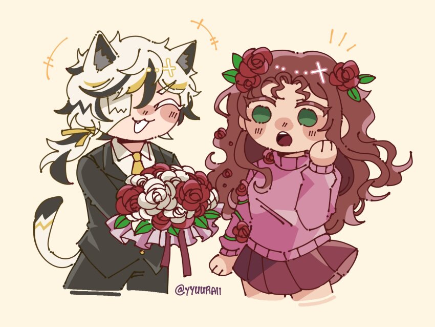 1boy, 1girl, :o, ^_^, animal_ears, animification, blush, bouquet