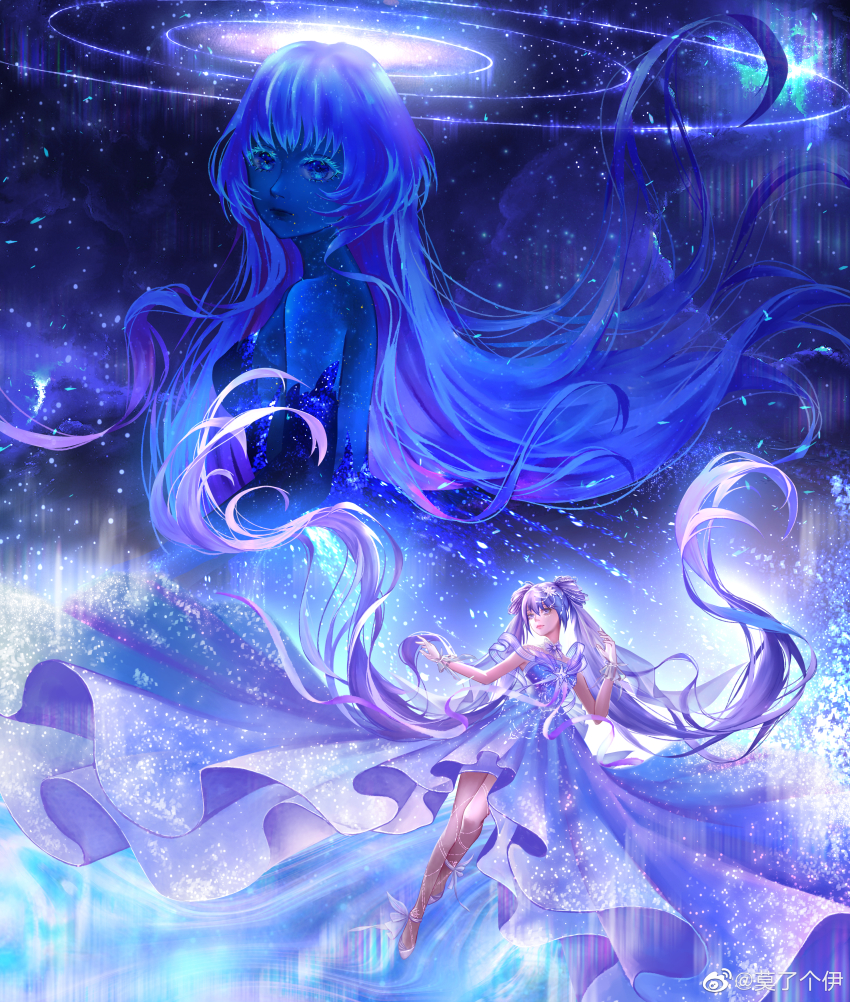 2girls, absurdly_long_hair, absurdres, backless_dress, backless_outfit, bare_back, bare_shoulders, black_gloves, black_lips, blue_eyes, blue_hair, blue_skin, bracelet, chinese_commentary, closed_mouth, colored_eyelashes, colored_skin, commentary_request, double_bun, dress, elbow_gloves, expressionless, floating, floating_clothes, floating_hair, full_body, gloves, gown, guides_of_star_(shining_nikki), hair_between_eyes, hair_bun, high_heels, highres, jewelry, leg_ribbon, light_particles, lipstick, long_dress, long_hair, makeup, mo_le_ge_yi, multiple_girls, nikki_(series), pink_lips, purple_dress, purple_eyes, purple_hair, purple_ribbon, ribbon, shining_nikki, shoes, space, space_print, star_(symbol), star_beyond_galaxy_(shining_nikki), starry_sky_print, twintails, upper_body, very_long_hair, watermark, weibo_watermark, white_ribbon, white_shoes