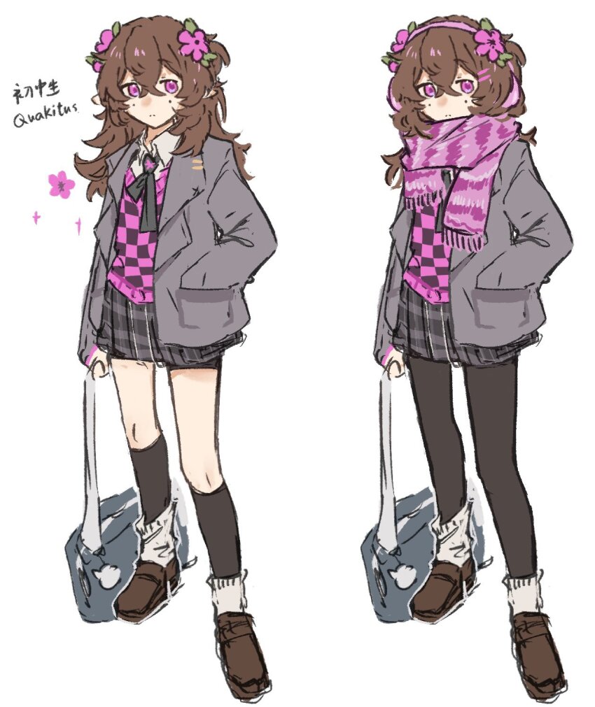 1other, animification, bag, black_pantyhose, black_skirt, black_socks, brown_hair, brown_shoes, checkered_clothes, checkered_vest, coat, earmuffs, fashion, flower, grey_coat, hair_flower, hair_ornament, highres, lanchi0226, long_hair, looking_at_viewer, minecraft_youtube, multiple_views, other_focus, pantyhose, pink_eyes, pink_scarf, quakitus, scarf, school_bag, school_uniform, shoes, simple_background, sketch, skirt, socks, standing, vest, white_background