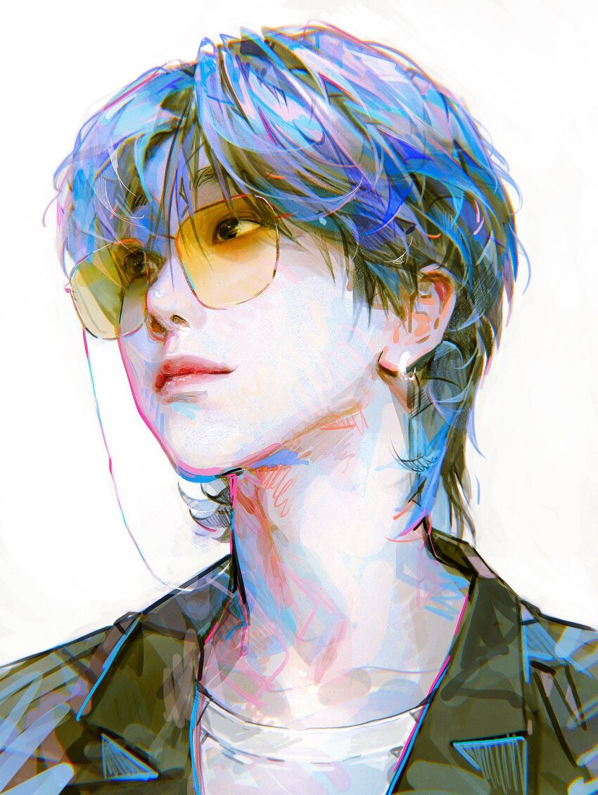 1boy, black_hair, black_jacket, blue_hair, closed_mouth, death_mogi, hashtag-only_commentary, highres