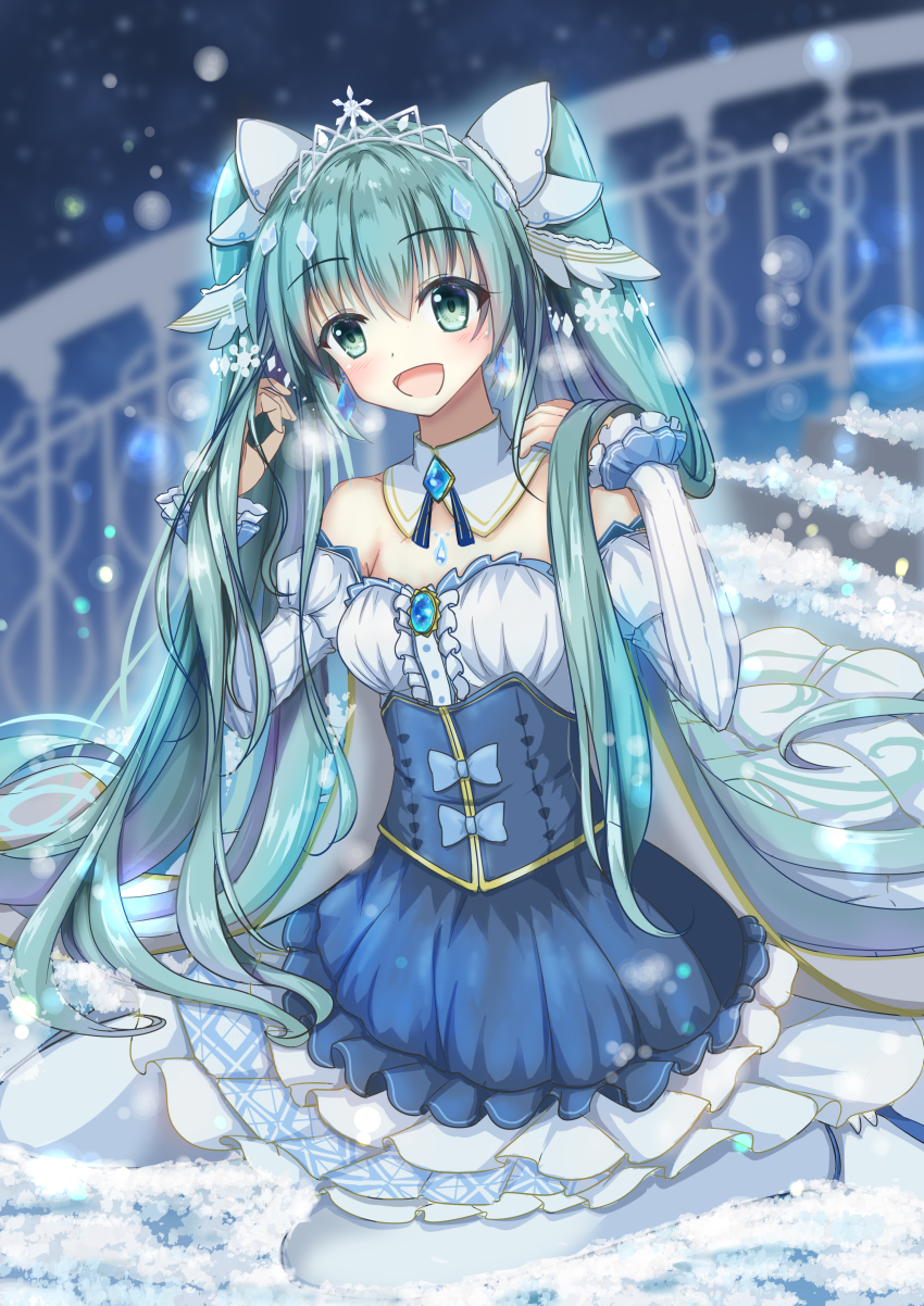 1girl, :d, absurdres, aqua_eyes, aqua_hair, blurry, blurry_background, bokeh