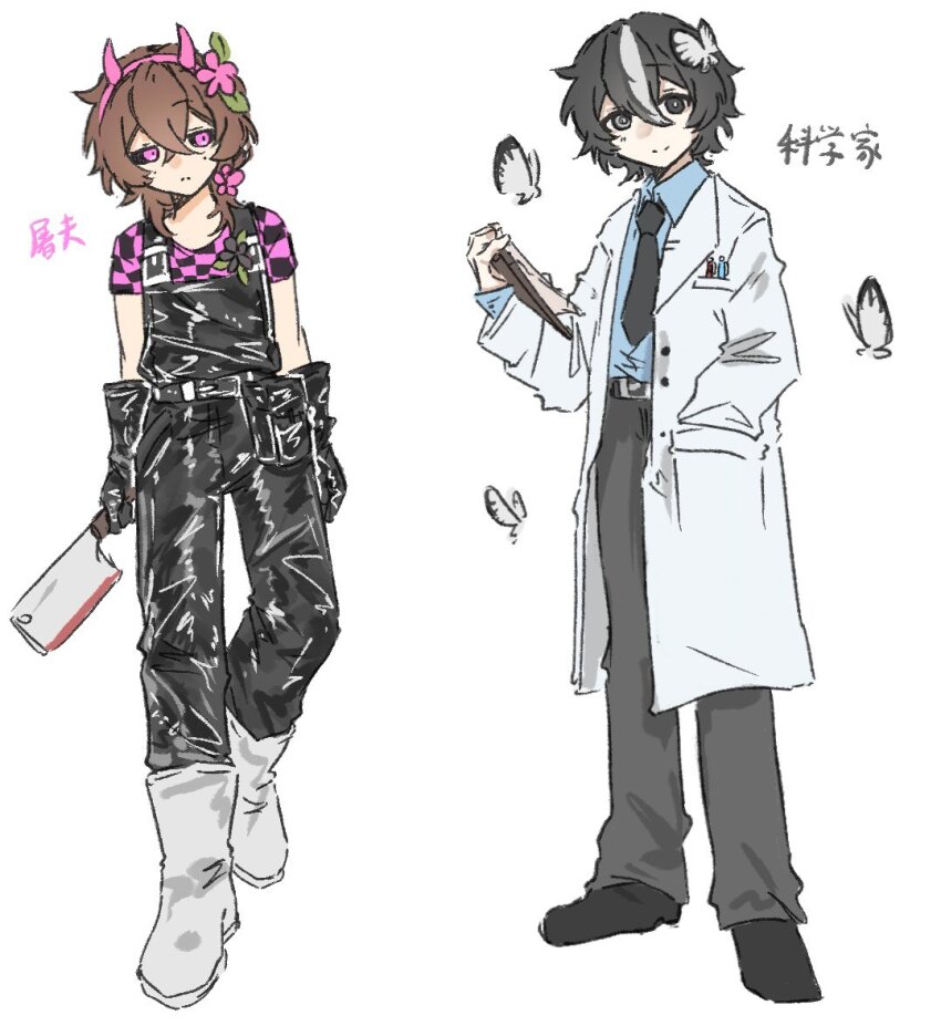 1boy, 1other, alternate_costume, androgynous, animification, black_eyes, black_gloves, black_hair