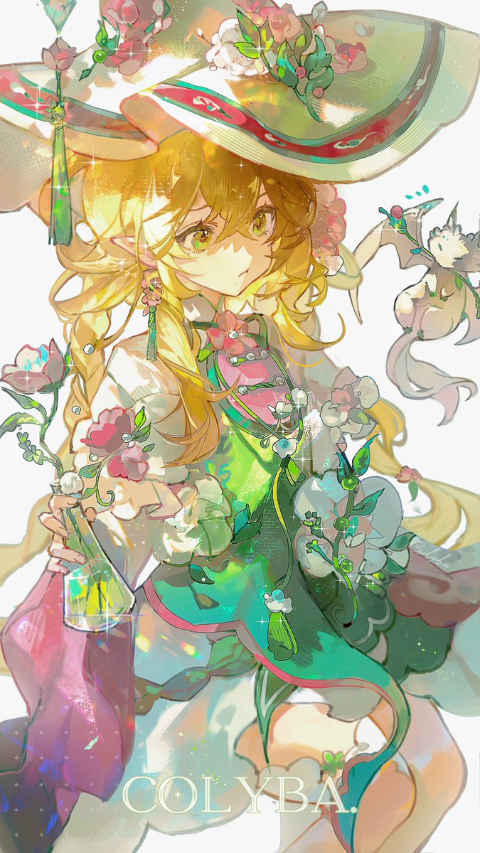 1girl, blonde_hair, character_request, colyba, copyright_request, dragon, dress, earrings