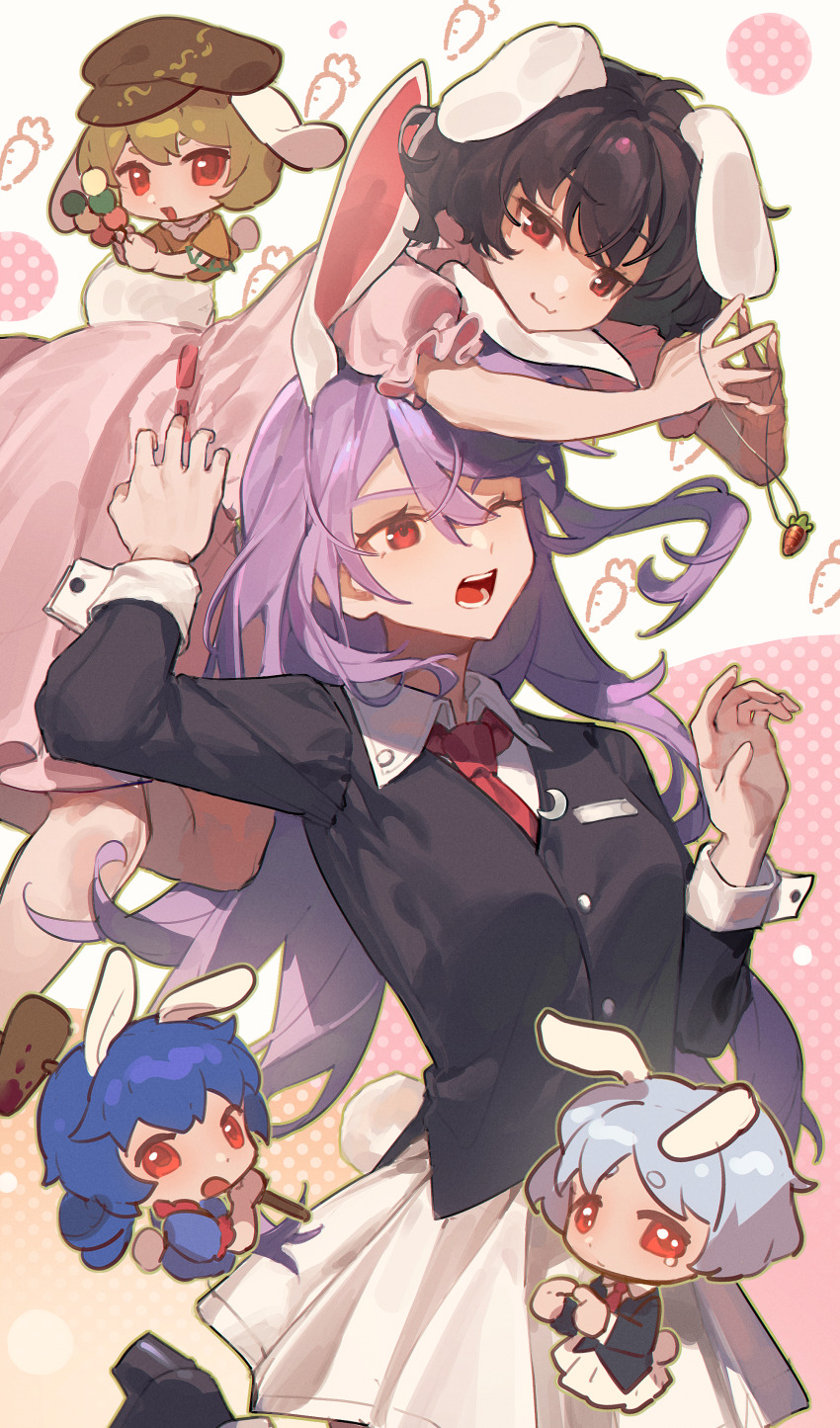 absurdres, animal_ears, black_jacket, black_shoes, blonde_hair, blue_hair, blue_shirt, brown_hair