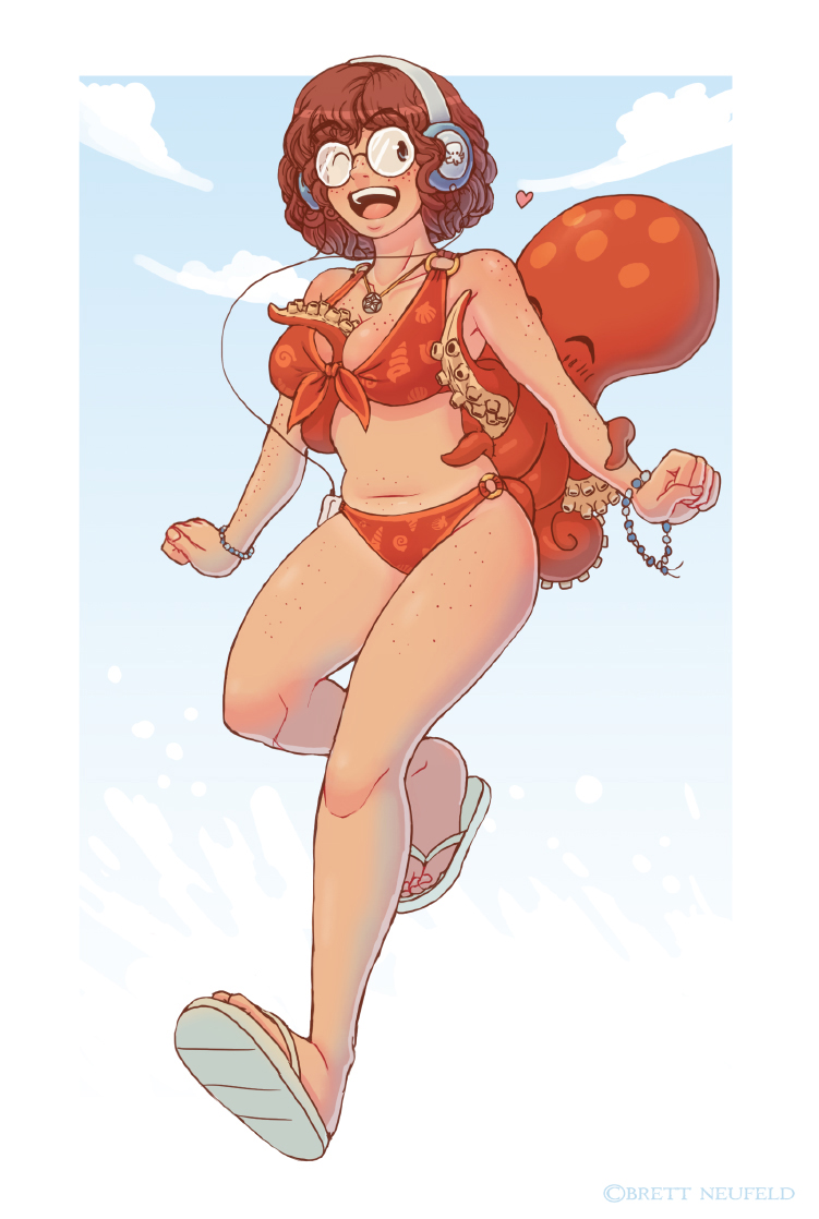 1girl, bead_bracelet, beads, belly, between_breasts, bikini, body_freckles, bracelet