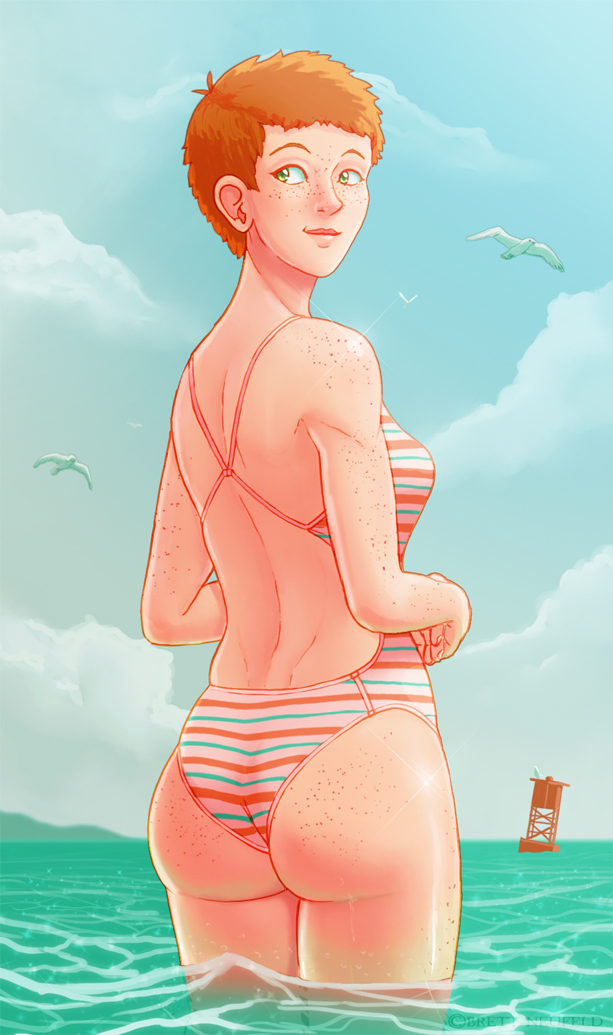 1girl, ass_freckles, bird, blue_sky, body_freckles, breasts, buoy, cloud