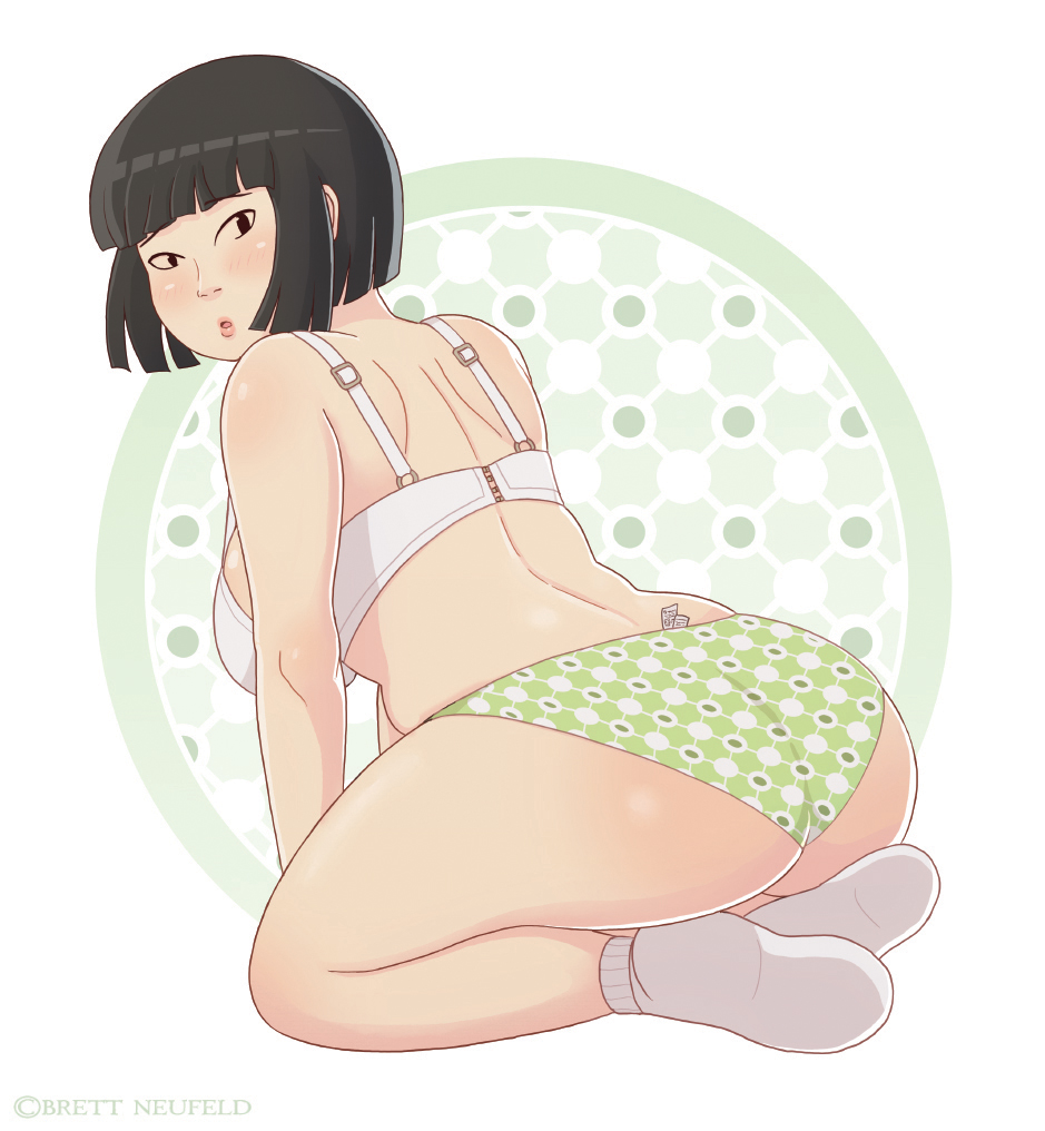 1girl, artist_name, black_eyes, black_hair, blunt_bangs, bob_cut, bra, breasts