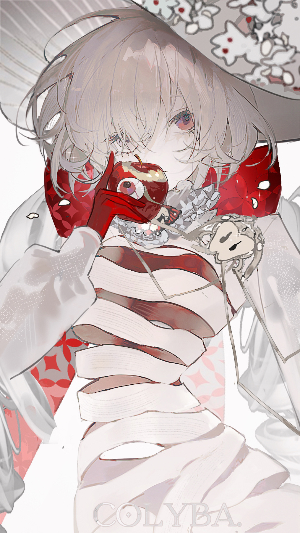 1girl, apple, artist_name, colyba, food, frills, fruit, gloves