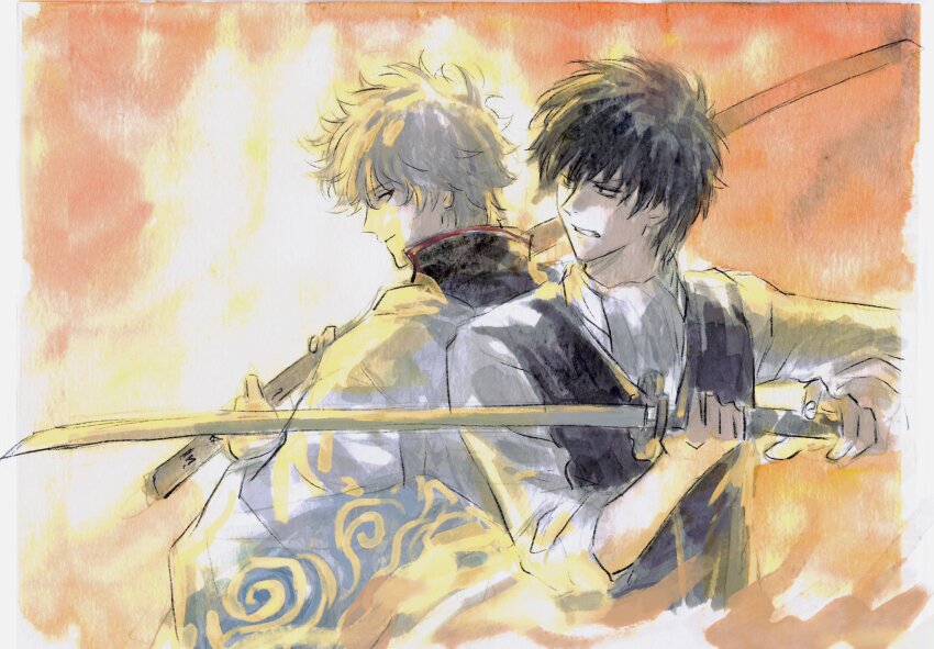 2boys, ascot, back-to-back, black_hair, black_vest, bokken, from_behind, gintama