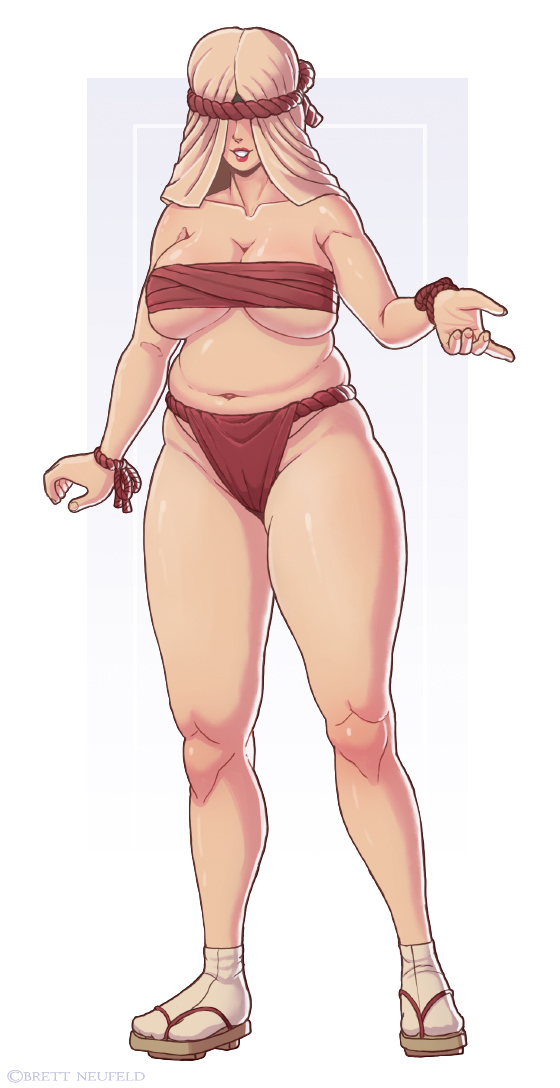 1girl, artist_name, belly, breasts, budget_sarashi, cleavage, commentary, commission