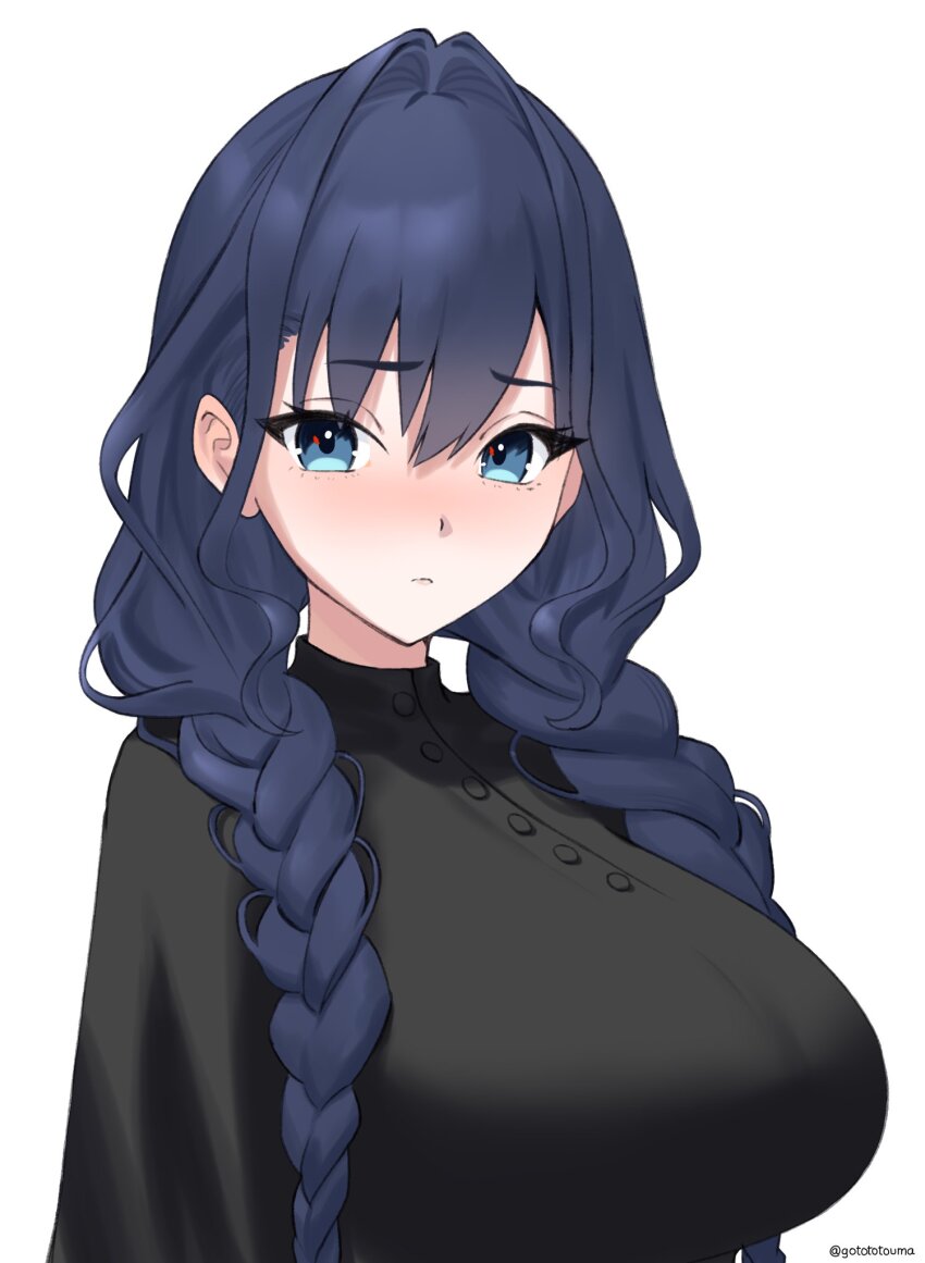 1girl, black_dress, blue_eyes, blue_hair, braid, breasts, closed_mouth, dress