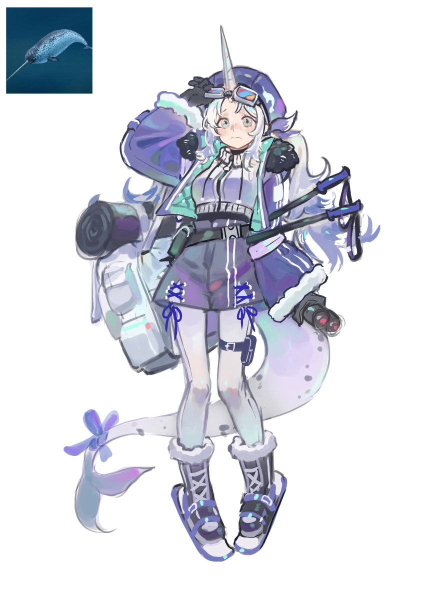 1girl, absurdres, backpack, bag, binoculars, black_gloves, blue_hat, blue_jacket