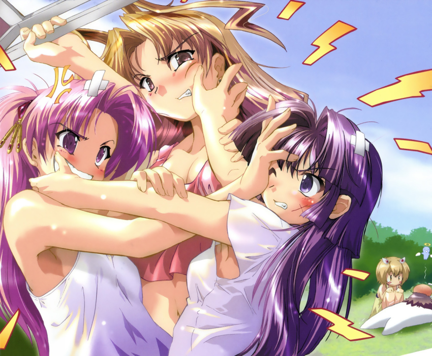 00s, 3girls, anger_vein, armpits, blonde_hair, blue_eyes, blush, breasts