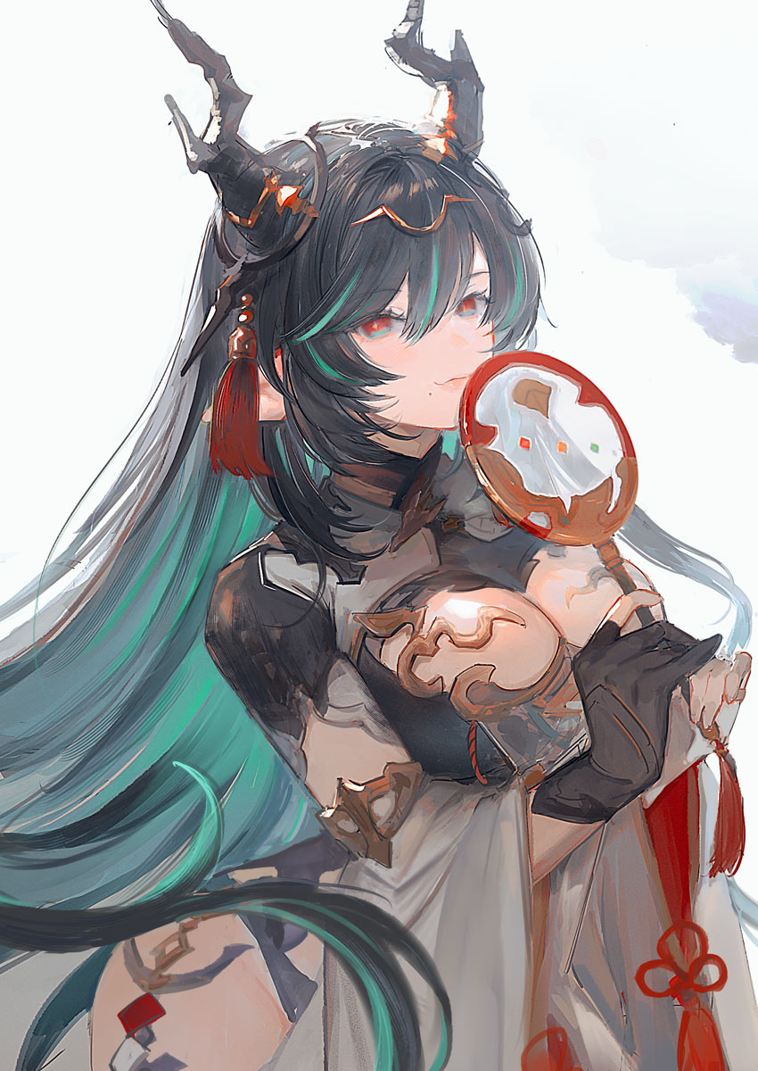 1girl, black_dress, black_hair, black_horns, breasts, cleavage, dragon_girl, dragon_horns