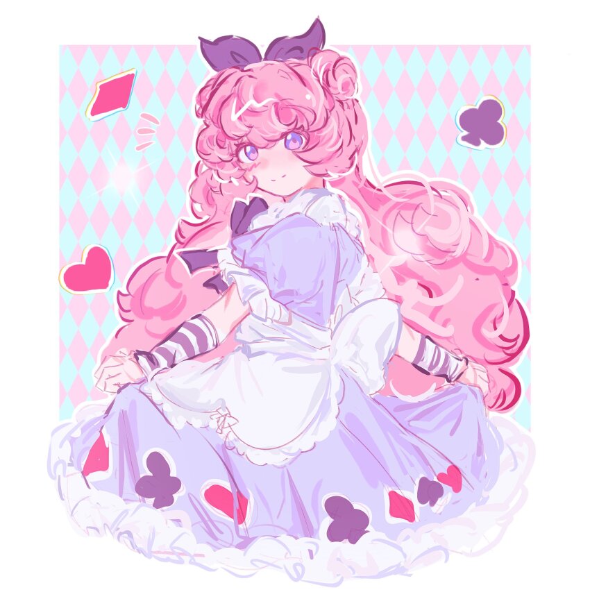 1girl, alice's_adventures_in_wonderland, alice_(alice_in_wonderland), alice_(alice_in_wonderland)_(cosplay), animification, apron, black_bow, blue_dress