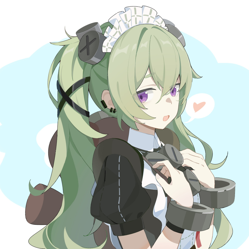 1girl, :d, animal_bag, apron, bear_bag, commentary, corin_wickes, cuffs