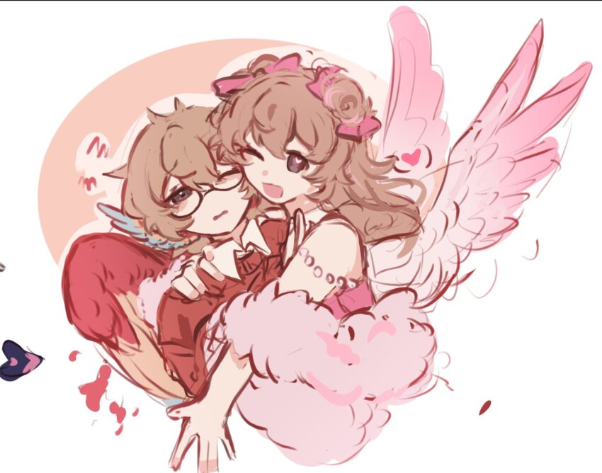 2boys, animification, ariana_griande_(hermitcraft), bird_boy, bird_wings, bow, brown_hair, chinese_commentary