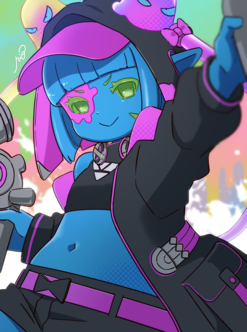 1girl, :>, arm_up, baseball_cap, black_hoodie, black_shorts, black_tank_top, blue_hair