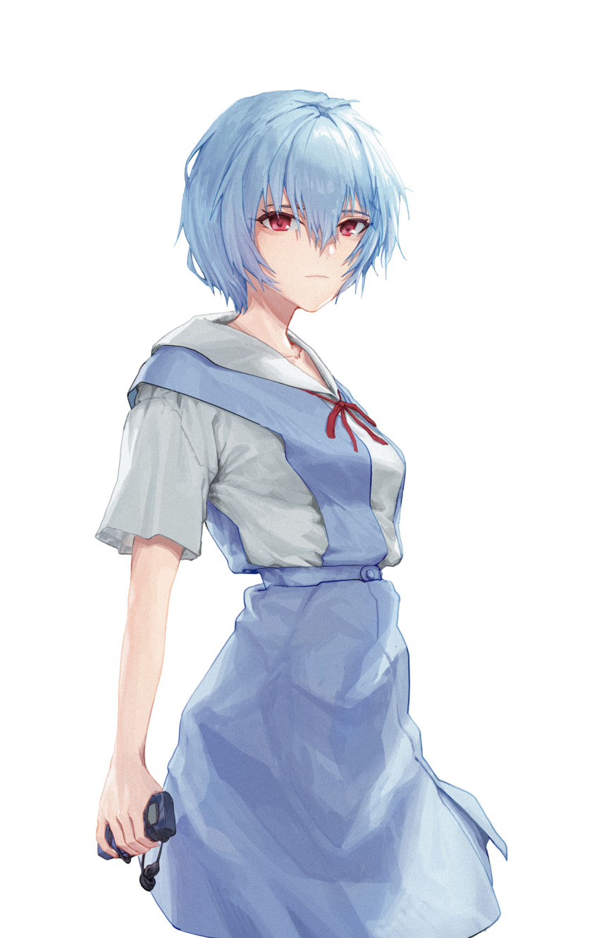 1girl, :|, absurdres, arm_at_side, ayanami_rei, blue_hair, blue_skirt, bow