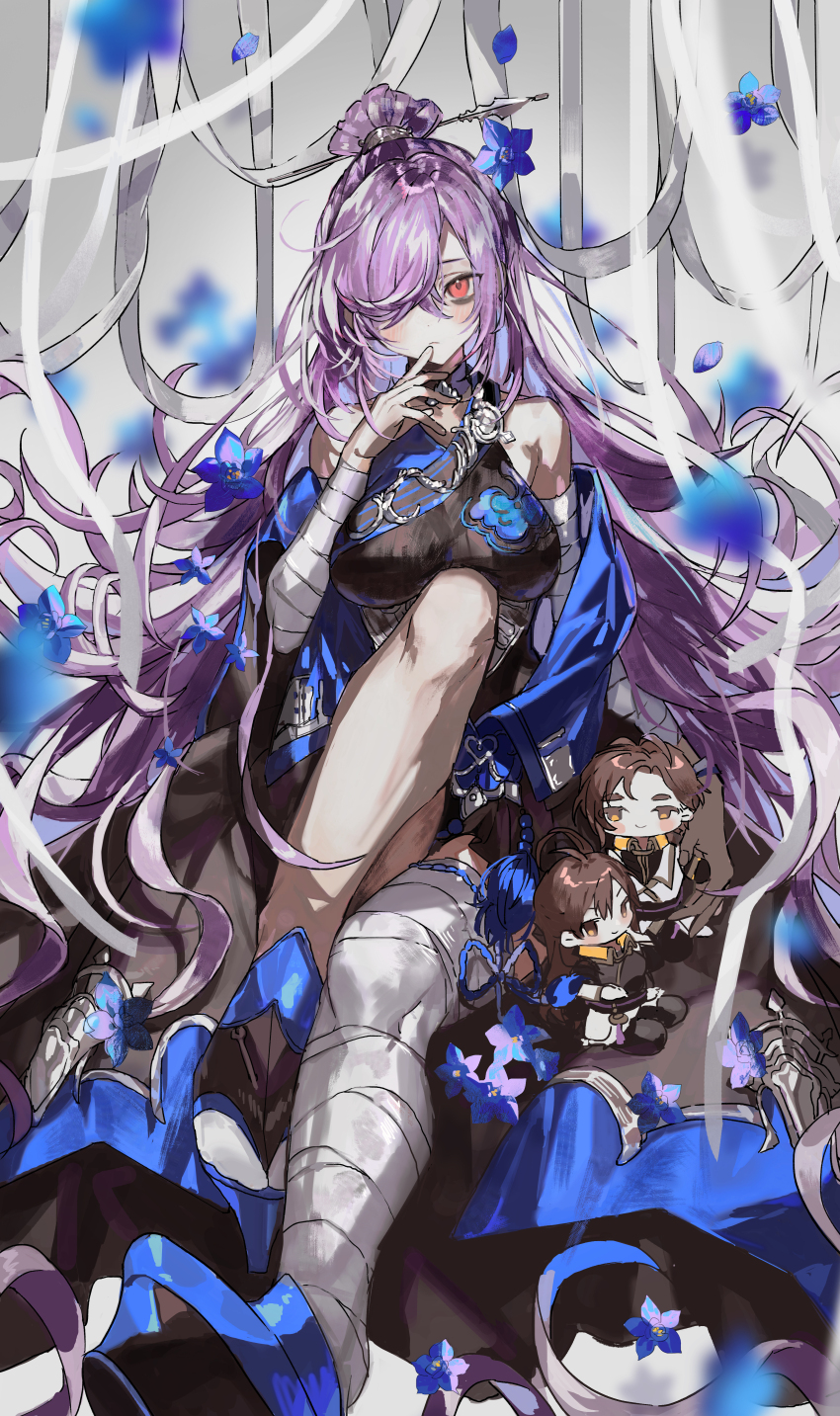 1girl, absurdres, bandaged_arm, bandaged_leg, bandages, bare_shoulders, black_dress, black_robe