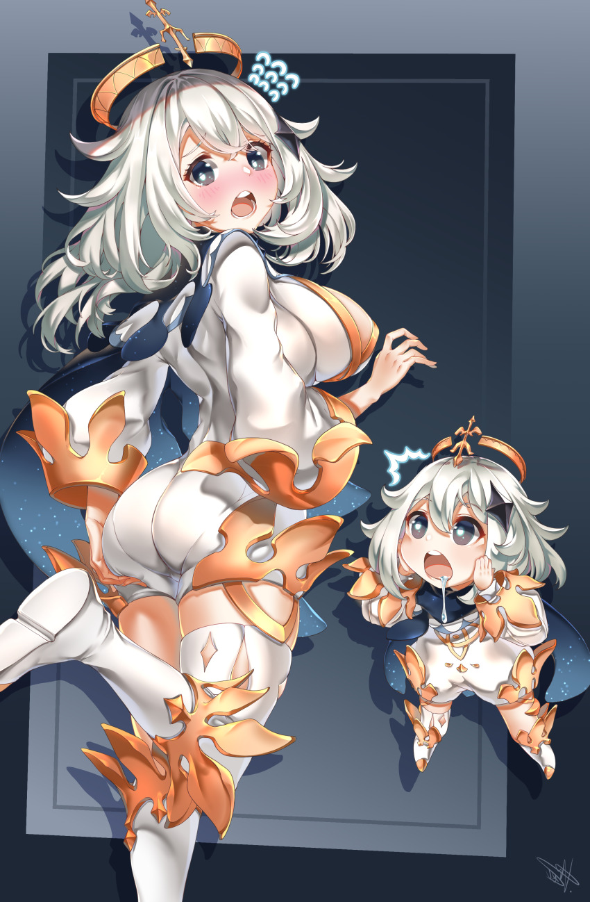 2girls, absurdres, acuma, aged_up, ass, black_cape, black_eyes, blush