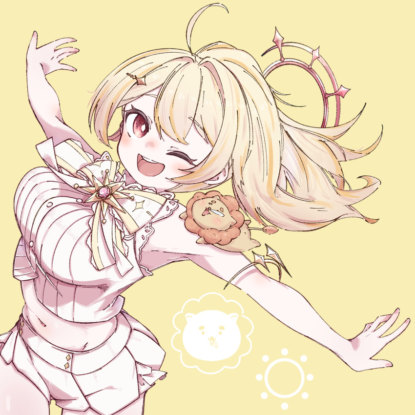 1girl, :d, ahoge, blonde_hair, blush, bow, bowtie, breasts