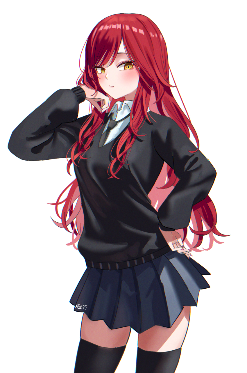 1girl, a5235, absurdres, black_necktie, black_sweater, black_thighhighs, castle_knight_charlotte, collared_shirt