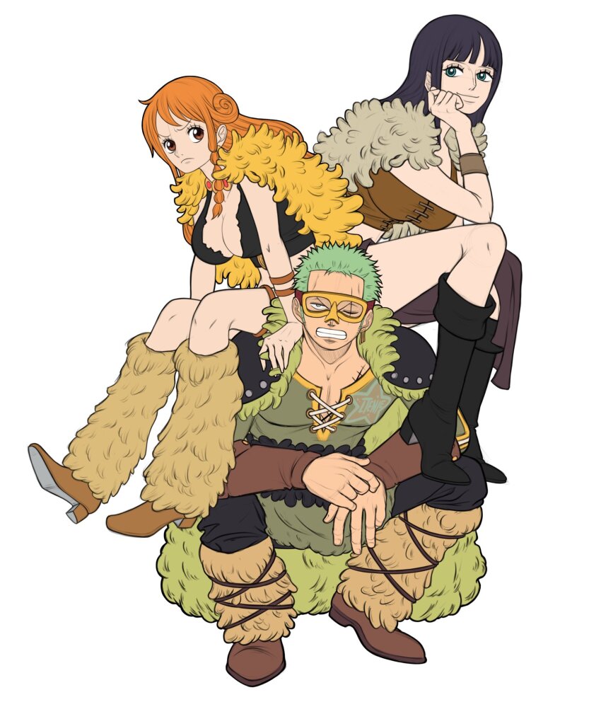 1boy, 2girls, artist_logo, black_boots, black_hair, black_pants, blue_eyes, blunt_bangs