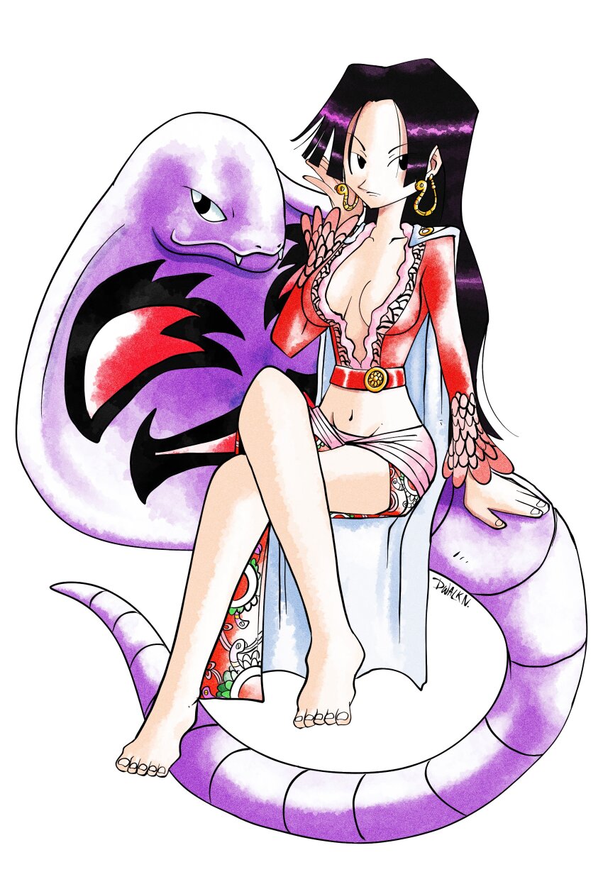 1girl, absurdres, arbok, barefoot, boa_hancock, breasts, cape, cleavage, commentary, crop_top, dwalkn, earrings, english_commentary, feet, female_focus, full_body, gen_1_pokemon, highres, jewelry, long_hair, long_sleeves, navel, nintendo, one_piece, pokemon, pokemon_(creature), red_shirt, shirt, side_slit, sidelocks, simple_background, snake_earrings, stomach, toes, trait_connection, white_background, white_cape