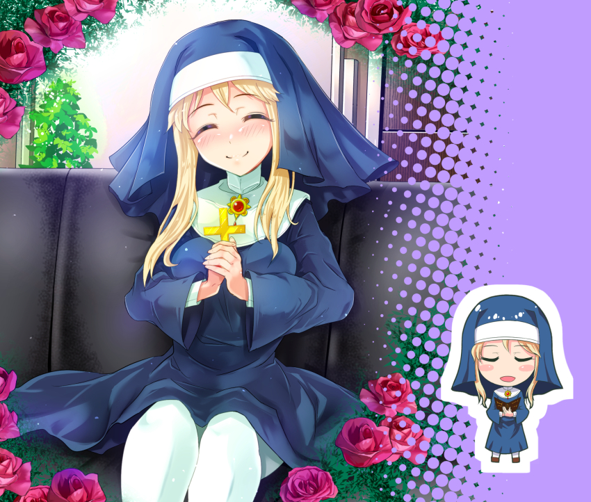 1girl, ^_^, blonde_hair, blue_dress, blue_hat, blush, breasts, chibi