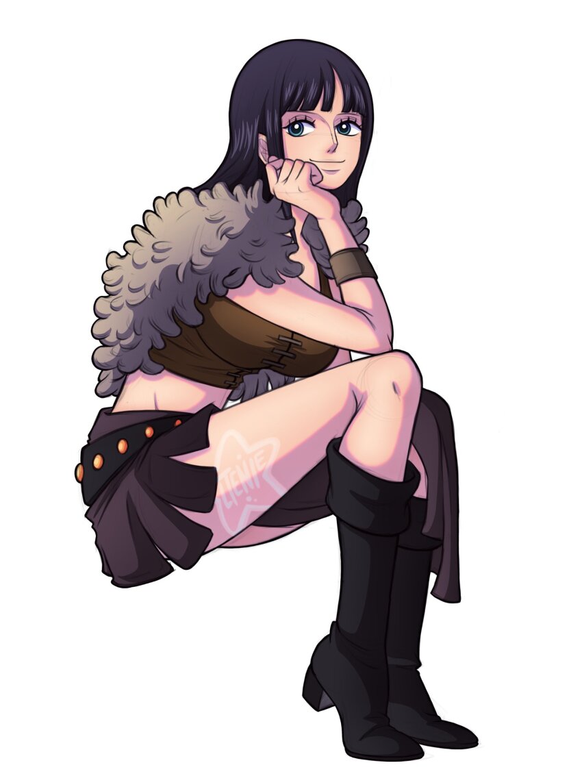 1girl, artist_logo, black_boots, black_hair, blunt_bangs, boots, capelet, commentary