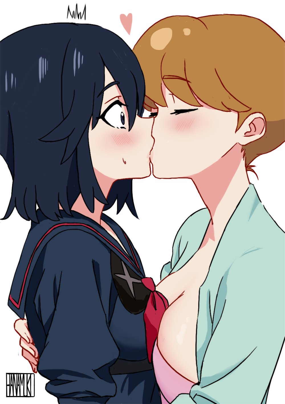 2girls, age_difference, artist_name, black_hair, blue_eyes, blue_shirt, blush, breasts