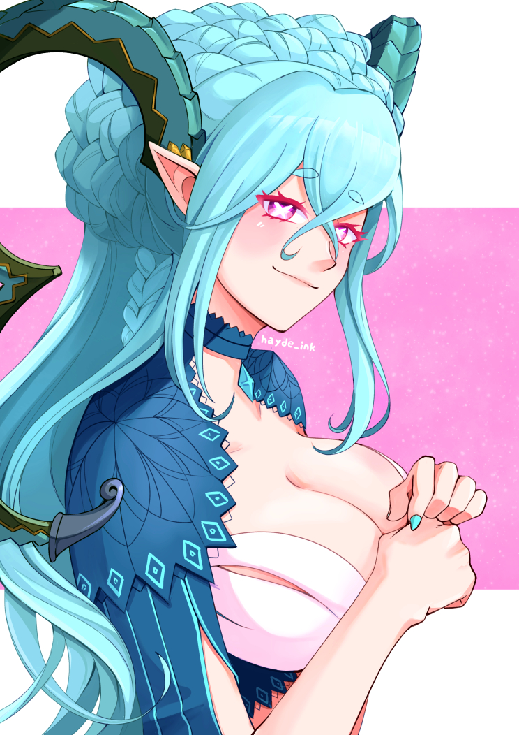 1girl, artist_name, blue_hair, blue_nails, blush, braid, braided_bun, breasts, cleavage, commentary, curled_horns, english_commentary, fate/grand_order, fate_(series), hair_bun, hayde_ink, horns, large_breasts, larva_tiamat_(fate), long_horns, looking_at_viewer, looking_to_the_side, nail_polish, pink_eyes, pointy_ears, short_eyebrows, smile, solo, symbol-shaped_pupils, tiamat_(fate), upper_body, x-shaped_pupils