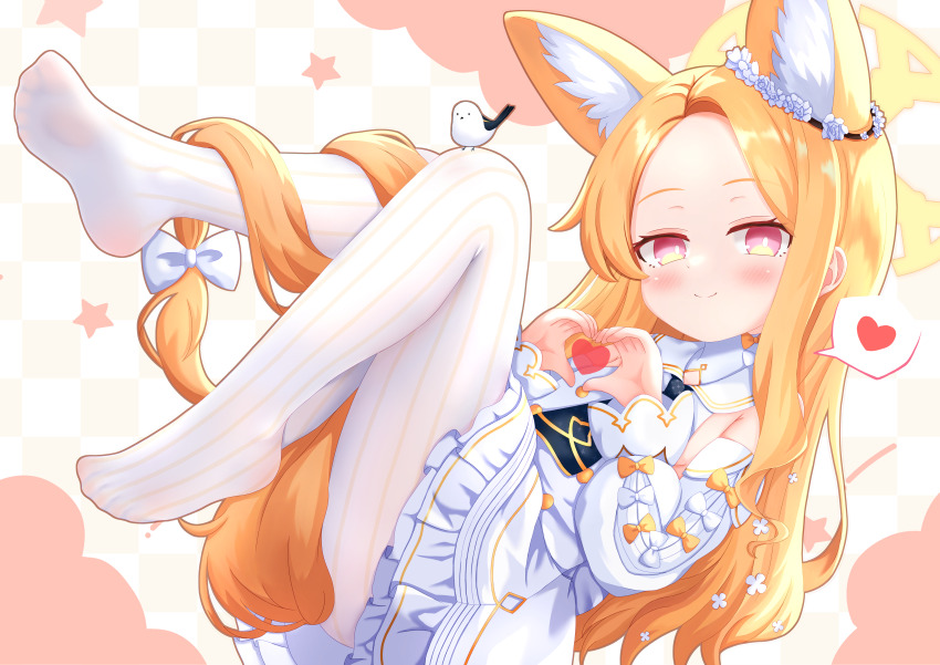 1girl, absurdres, animal_ear_fluff, animal_ears, armpit_crease, bird, bird_on_knee, blue_archive, blush, bow, closed_mouth, commentary_request, detached_sleeves, dress, feet, fox_ears, full_body, hair_bow, halo, heart, heart_hands, highres, huge_filesize, loli, long_hair, looking_at_viewer, no_shoes, orange_bow, orange_hair, pantyhose, pink_eyes, seia_(blue_archive), sleeveless, sleeveless_dress, smile, soles, solo, spoken_heart, striped_clothes, striped_pantyhose, tit_(bird), urotsuki_(uro30), very_long_hair, white_bow, white_dress, white_pantyhose, white_sleeves, yellow_halo
