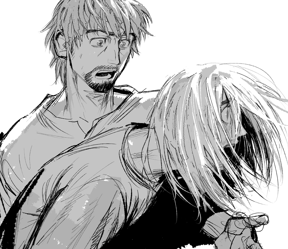 2boys, :o, beard, einar, facial_hair, flrrrrr222222, greyscale, long_hair, male_focus, monochrome, multiple_boys, short_hair, simple_background, sketch, thorfinn, upper_body, vinland_saga, white_background