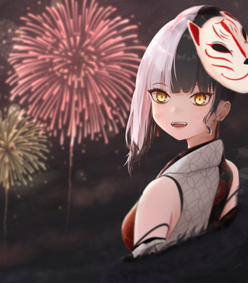 1girl, aerial_fireworks, black_kimono, commentary_request, fireworks, floral_print, floral_print_kimono, grey_kimono, highres, hololive, hololive_english, japanese_clothes, kimono, mask, mask_on_head, multicolored_hair, night, open_mouth, outdoors, print_kimono, sa_humi, shiori_novella, shiori_novella_(new_year), sleeveless, sleeveless_kimono, solo, split-color_hair, two-tone_hair, two-tone_kimono, virtual_youtuber, white_hair, yellow_eyes
